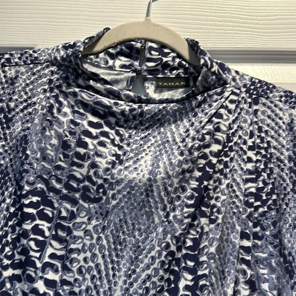 NWT! Elie Tahari Blue Printed Draped Mock Neck Sleeveless Top Blouse XL - Picture 4 of 10